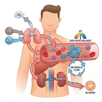 Human body's physiological acid-base balance illustrated, detailing metabolic flow, blood pH regulation through lung and kidney function