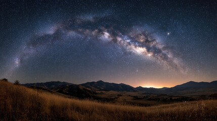 Fototapeta premium Panoramic view of the milky way galaxy over rolling hills at night