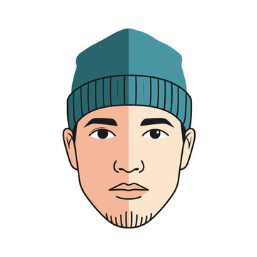 Modern Man Avatar Wearing Teal Beanie Hat, Minimalist Cartoon Portrait