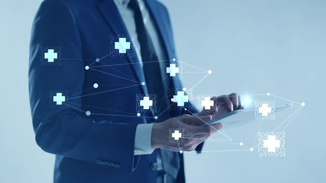 Health insurance and medical healthcare. Medical business life protection plan, digital hospital technology, medicine, patient checkup service, global science innovation, and smart wellness system.