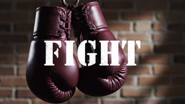 Worn leather boxing gloves hanging against brick wall