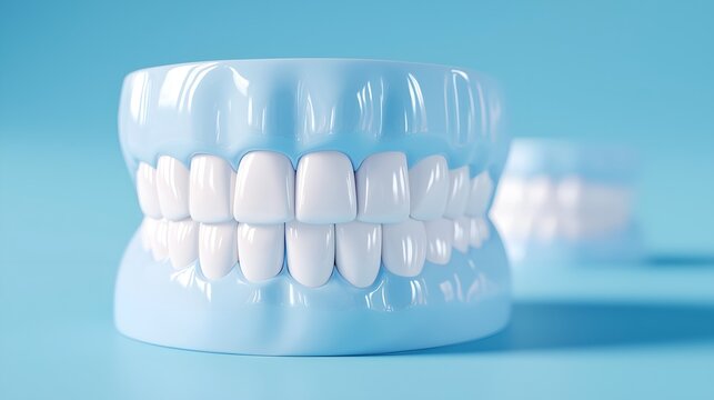 A realistic dental model showcasing clean, white teeth against a blue background, ideal for dental education.