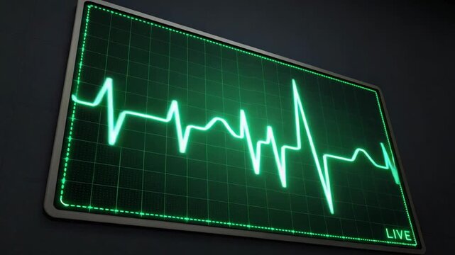 ECG Heartbeat Monitor Displaying Green Pulse Waveform Motion on Dark Background