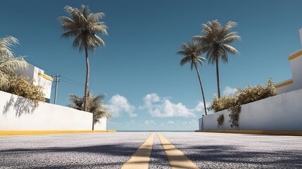 A serene view of a palm-lined road leading to the ocean under a clear blue sky.