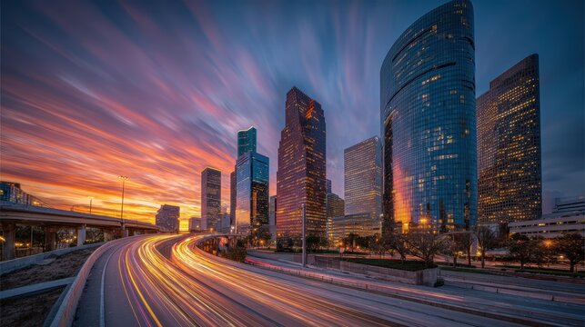Houston skyline at sunset with light trails on highway