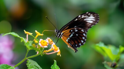 Naklejka premium Colorful Butterfly Feeding on Lantana Flower with Green Leaves in Natural Background