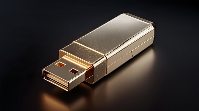 A sleek, golden USB drive on a smooth black surface, symbolizing modern data storage solutions and tech innovation.