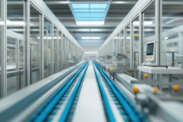 Obraz premium Automating modern factory production with a long conveyor belt system and control panel, illustrating high-tech efficiency in manufacture