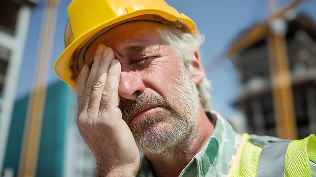 A stressed construction worker in a hard hat shows signs of fatigue and concern on a job site.
