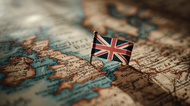 A miniature british flag pin placed on an antique map of the united kingdom