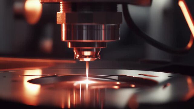 Laser cutting machine head emitting a strong beam of light, precisely fabricating intricate patterns on a metal sheet during industrial manufacturing of advanced parts