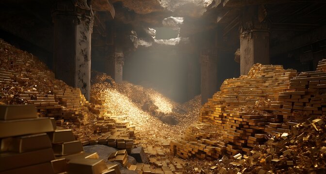 A stunning underground scene featuring piles of gold and shimmering light illuminating a treasure-filled cavern.