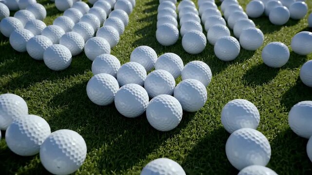 A collection of white golf balls arranged on a green grass field
