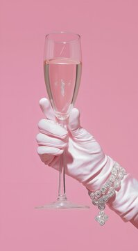 A stylish hand in a white glove holding a champagne glass against a soft pink background, exuding elegance and celebration.
