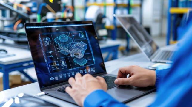 Detailed Computer-Aided Design Process in Engineering with Technical Blueprint on Laptop Screen