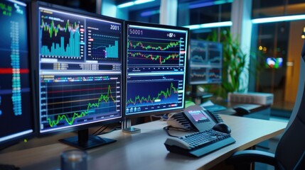 Naklejka premium Modern Trading Desk with Multiple Monitors Displaying Stock Market Data and Financial Graphs in a Bright Office Environment