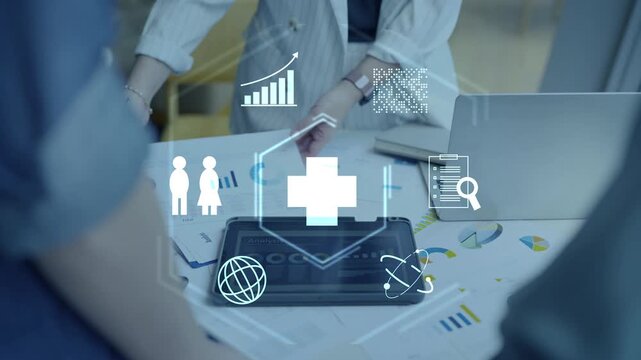 Health insurance and medical healthcare. Medical business life protection plan, digital hospital technology, medicine, patient checkup service, global science innovation, and smart wellness system.