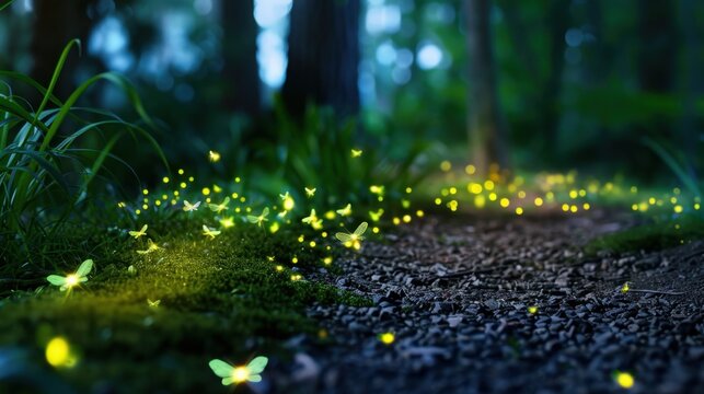 Magical forest scene with glowing fireflies illuminating a moss-covered path during twilight in a serene natural environment
