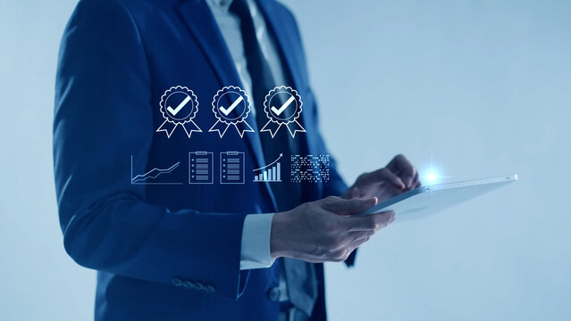 Certified business investment and financial growth strategy. Digital data analysis chart, approved corporate quality assurance management, smart economic planning, and successful stock market concept.