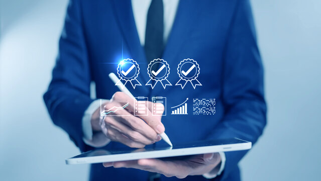 Certified business investment and financial growth strategy. Digital data analysis chart, approved corporate quality assurance management, smart economic planning, and successful stock market concept.