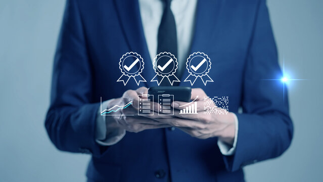 Certified business investment and financial growth strategy. Digital data analysis chart, approved corporate quality assurance management, smart economic planning, and successful stock market concept.