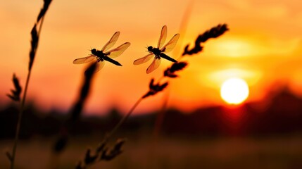 Obraz premium Dragonflies Silhouetted Against a Vibrant Sunset Over an Open Field with Soft Light and Warm Colors