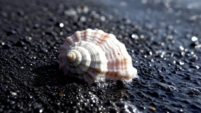 A perfect seashell rests on the dark sand as waves wash over it