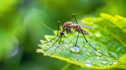 Fototapeta premium Close-Up of Mosquito on Leaf with Water Droplets in Lush Green Environment