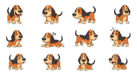 Obraz premium Cartoon Plott Hound dog showing various emotions and actions 