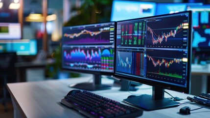 Fototapeta premium Modern Trading Desk with Dual Monitors Displaying Financial Charts and Data in a Bright Office Environment