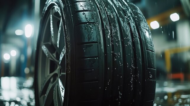 Close-Up Shot of a Wet Car Tire with Sleek Rim and Dynamic Rain Effect