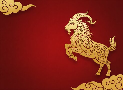 luxury red and gold chinese horse new year background, The goat is adorned with intricate golden patterns. a dynamic pose against a vibrant red background. Chinese Lunar New Year (Year of the Goat 202