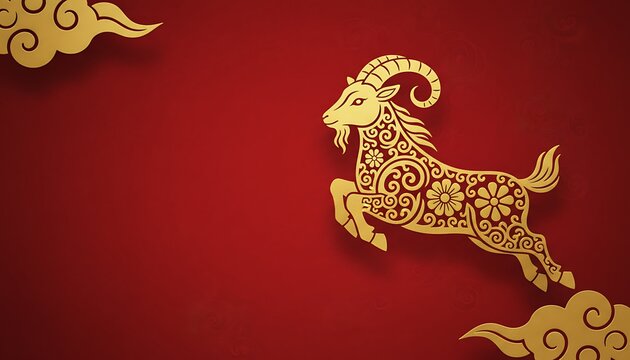 luxury red and gold chinese horse new year background, The goat is adorned with intricate golden patterns. a dynamic pose against a vibrant red background. Chinese Lunar New Year (Year of the Goat 202