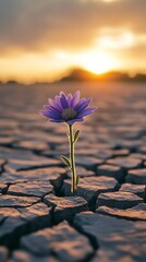 Bright purple flower glows in cracked soil at beautiful golden sunset