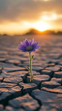 Bright purple flower glows in cracked soil at beautiful golden sunset