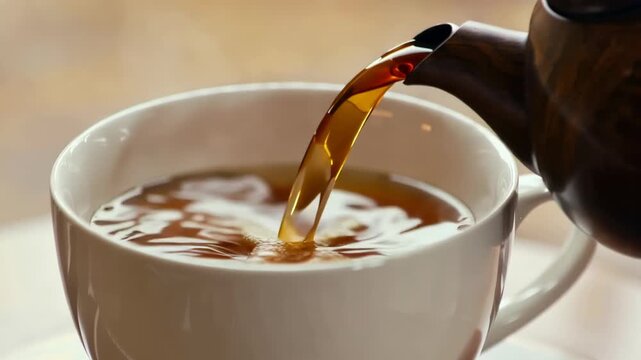 Close up of hot tea being poured from ceramic teapot into white cup, steam rising with soft warm lighting and cozy background, gentle motion and ripples, concept of comfort and relaxation