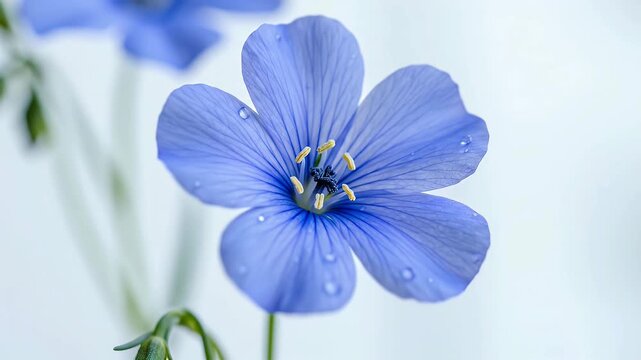 A single delicate blue flax flower blooming with water droplets