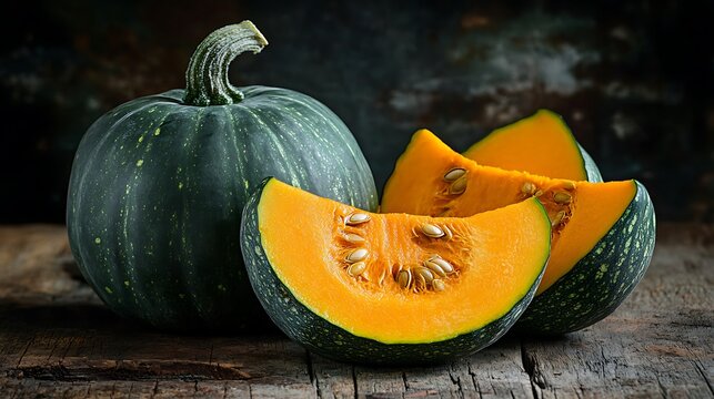 Fresh green pumpkin and vibrant orange slices on rustic wood