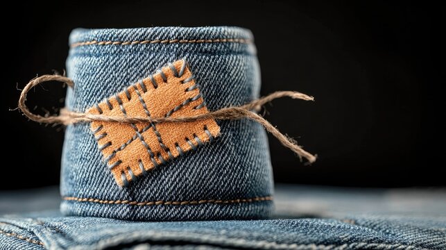 Close up of a rustic denim fabric cylinder embellished with a square patch of textured burlap and tied with twine against a dark moody background with soft lighting highlighting the textile details