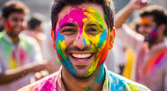 Smiling man with colorful Holi paint.