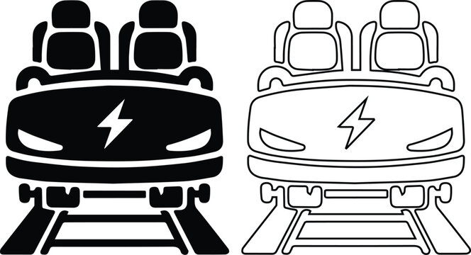 minimalist vector set of a roller coaster car on tracks with a lightning bolt symbol, featuring solid black silhouette and line art outline styles for theme park icons.