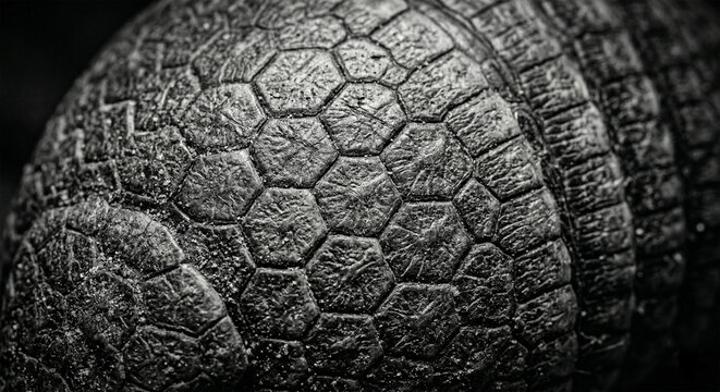 An extreme macro photography shot focusing on the armored plates of a Three-banded Armadillo. The lighting is harsh and from the side to emphasize the rugged, leathery texture and the hexagonal patter