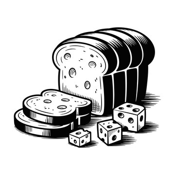 A bread illustration with dice in a black and white vector style