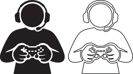 minimalist vector set of a gamer holding a controller and wearing a headset, shown in both solid black silhouette and line art outline, perfect for esports and gaming. © Hasina Akter