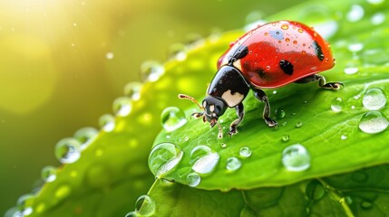Fototapeta premium Close-Up of a Vibrant Ladybug on a Dewy Green Leaf with Sunlight in the Background