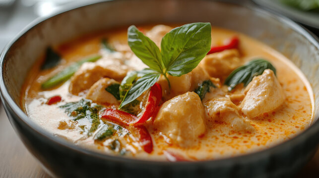 Thai curry with coconut swirl, shallow depth of field, restaurant vibe. --ar 16:9 --v 6.1 Job ID: b9e273db-1d28-4aff-94af-742a3e0849f3