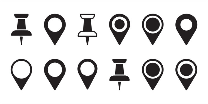 Pushpin and location marker icon collection with map pins and navigation point vector signs.