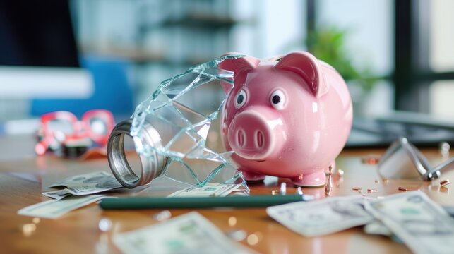 Broken piggy bank spilling cash on wooden table with shattered glass and office background