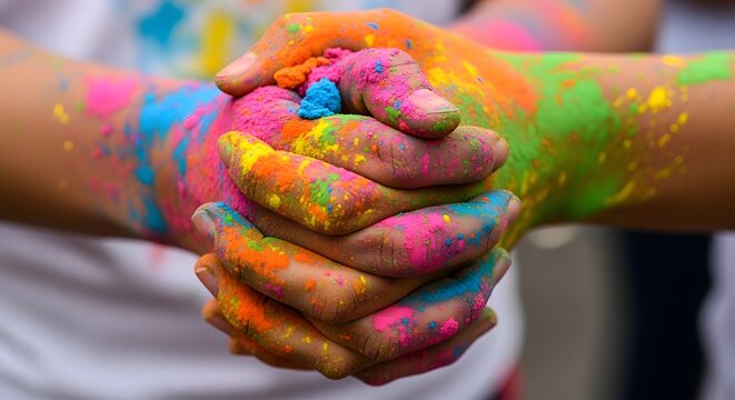 Hands covered in colorful Holi powder.