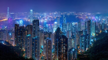 Naklejka premium Stunning nighttime skyline of hong kong cityscape